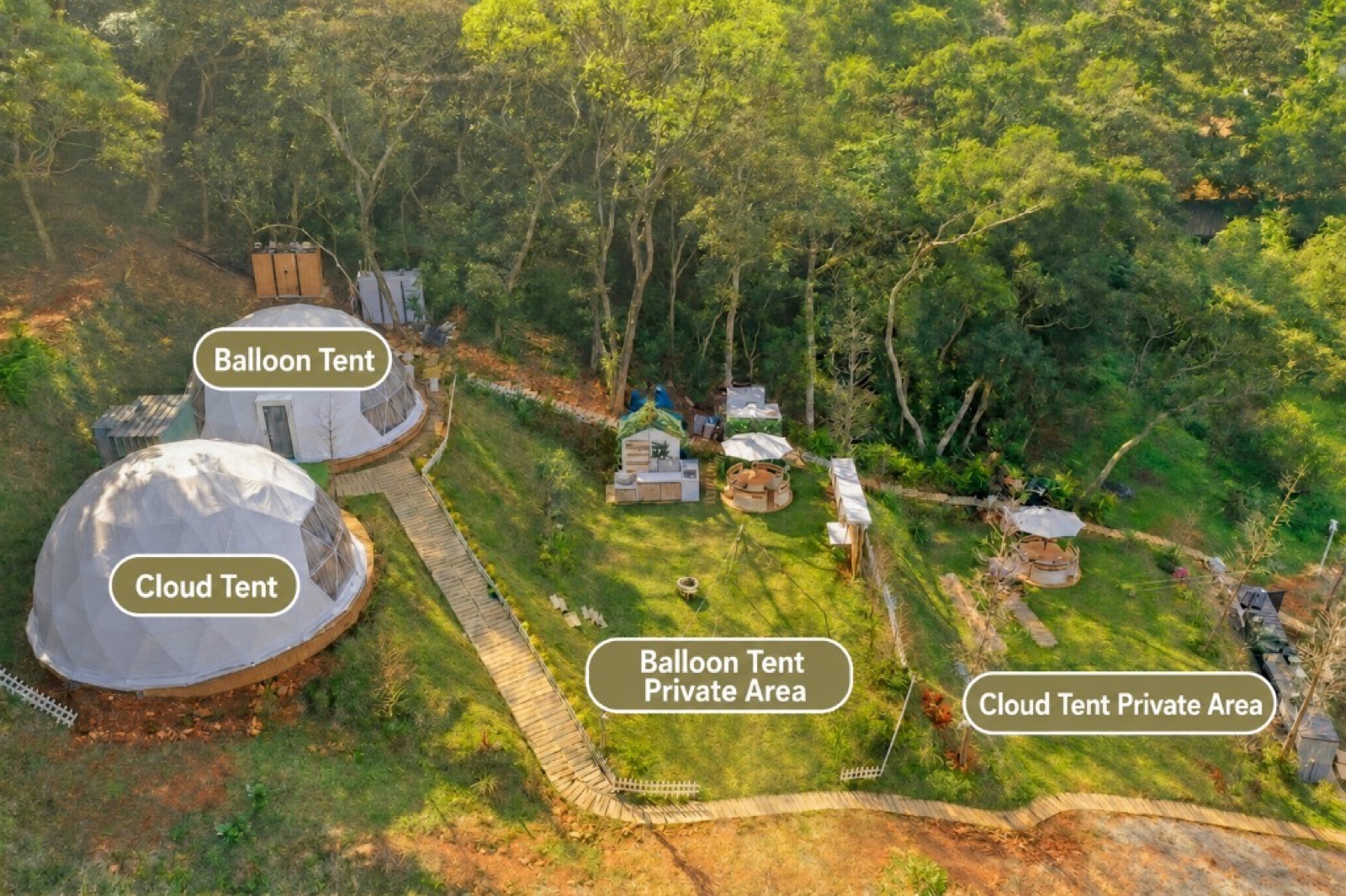 English aerial layout map of Cloud Tent and Balloon Tent private glamping zones at Joyforest forest dome tent stay in Taoyuan, Taiwan near Taipei