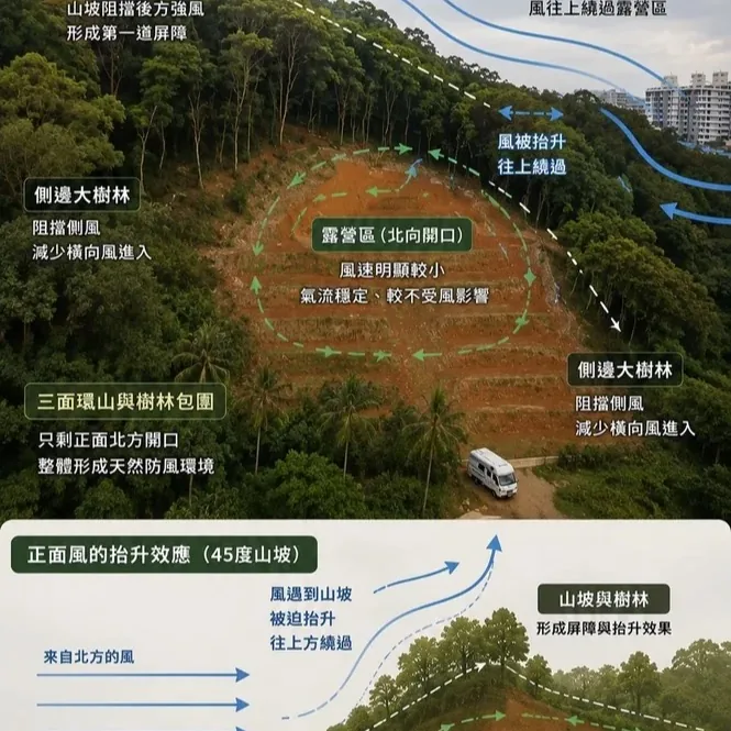 揪好森桃園楊梅森林露營區三面環山、樹林阻風與山坡抬升氣流的地形示意